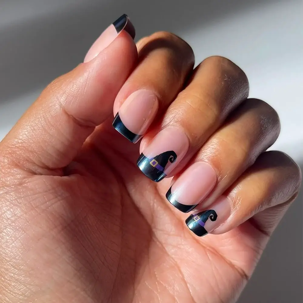Medium Square Witch Hat Black French Tips Medium Square Witch Hat Black French Tips — Simple Black French Nails