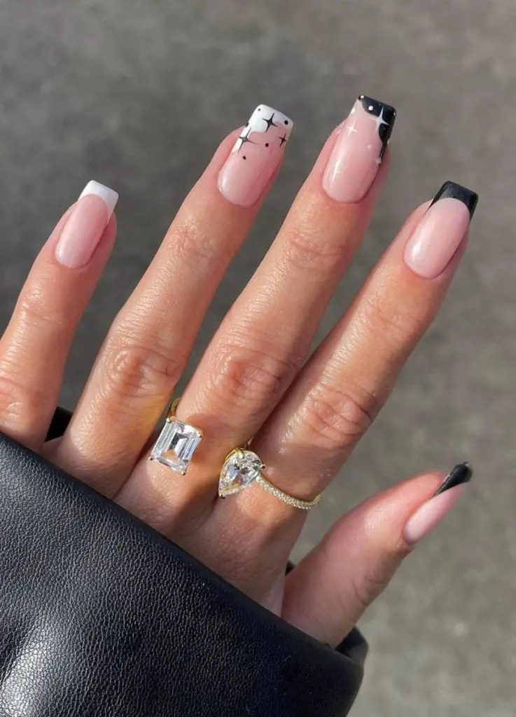 Long Square Black French White Star Dot Nails Long Square Black French White Star Dot Nails — Simple Black French Nails