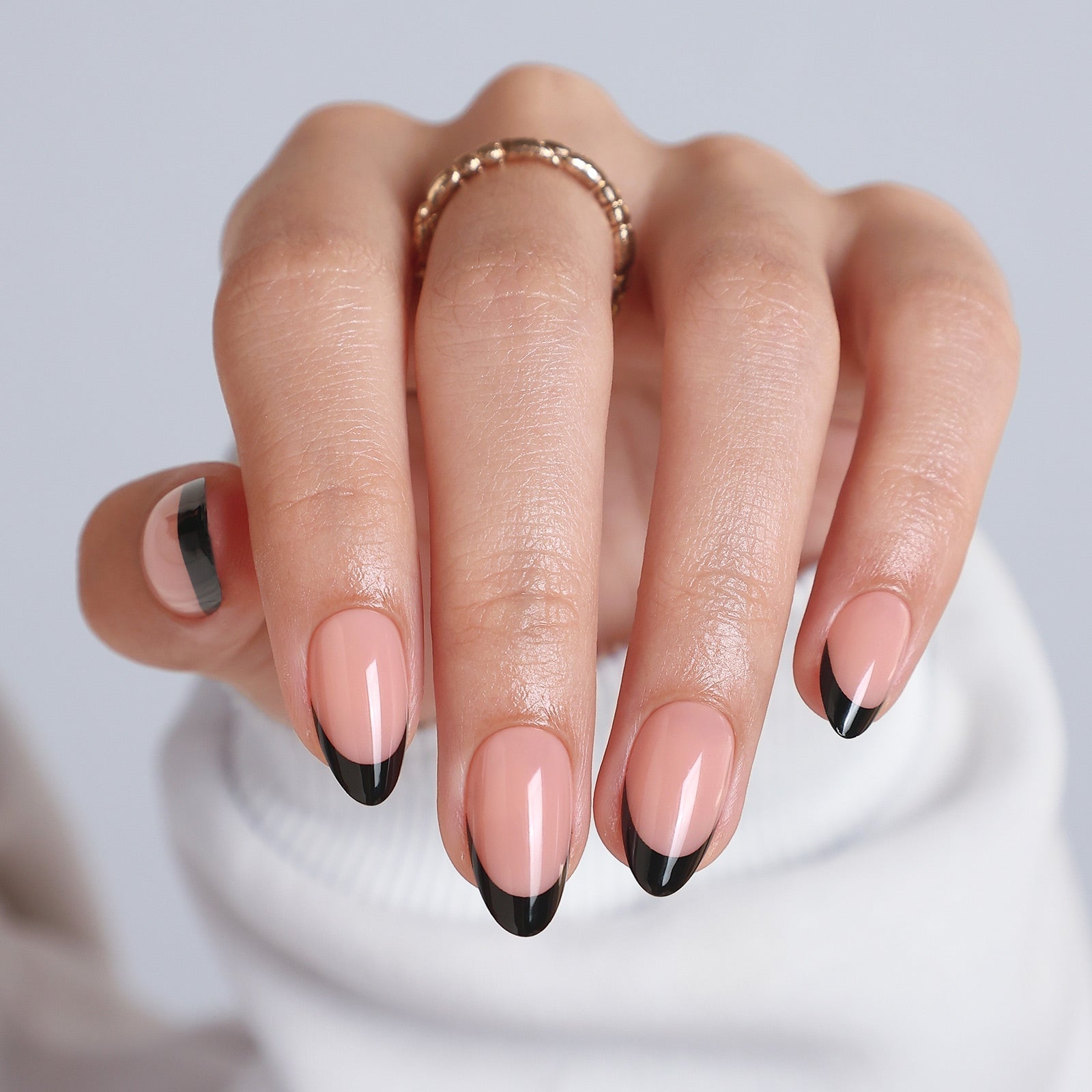 Medium Almond Sheer Nude Black French Tips Medium Almond Sheer Nude Black French Tips — Simple Black French Nails