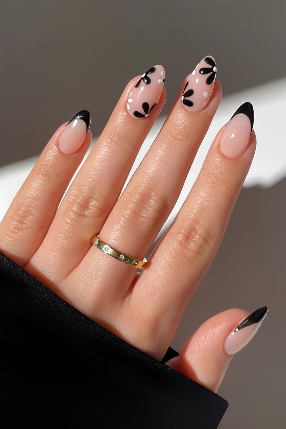 Medium Almond Black Floral and Dot French Nails Medium Almond Black Floral and Dot French Nails — Simple Black French Nails