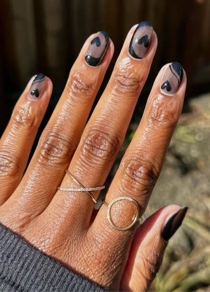 Medium Almond Black Heart French Nails Medium Almond Black Heart French Nails — Simple Black French Nails