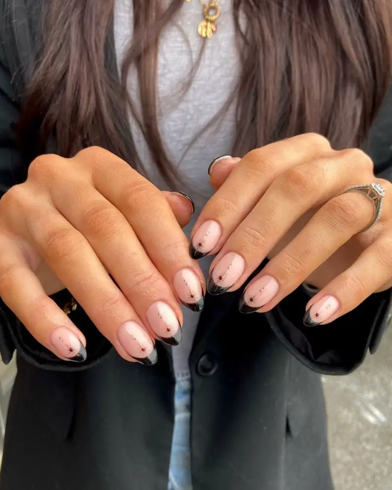 Medium Almond Black French with Red Dot Accents Medium Almond Black French with Red Dot Accents — Simple Black French Nails