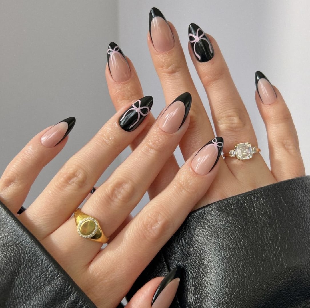 Black French Tips with Pink Bows Medium Almond Nails Black French Tips with Pink Bows Medium Almond Nails — Simple Black French Tip Nails