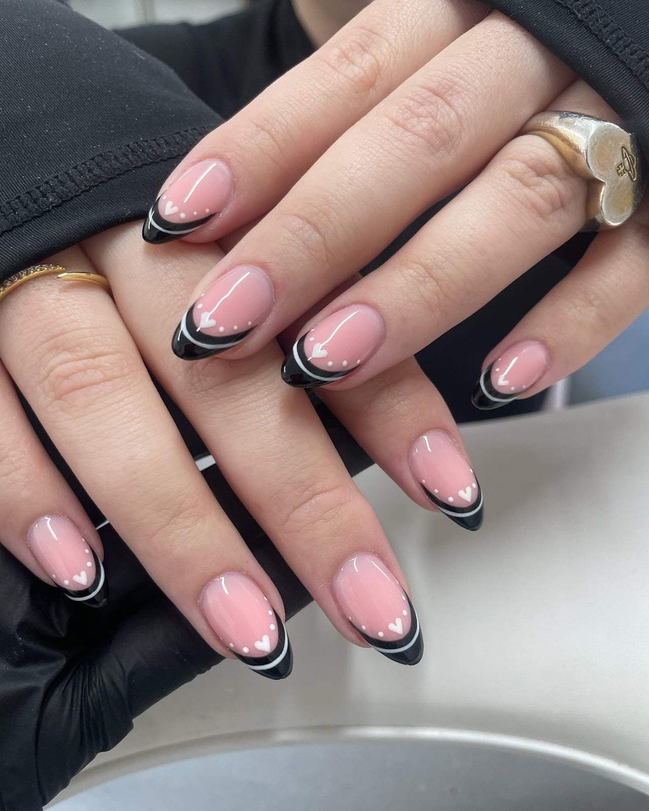 Black French Tips with White Hearts Dots Medium Almond Nails Black French Tips with White Hearts Dots Medium Almond Nails — Simple Black French Tip Nails