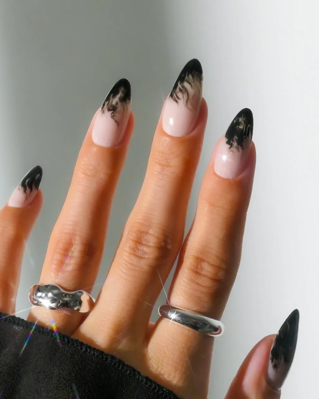 Abstract Black Smoke Design Medium to Long Almond Nails Abstract Black Smoke Design Medium to Long Almond Nails — Simple Black French Tip Nails