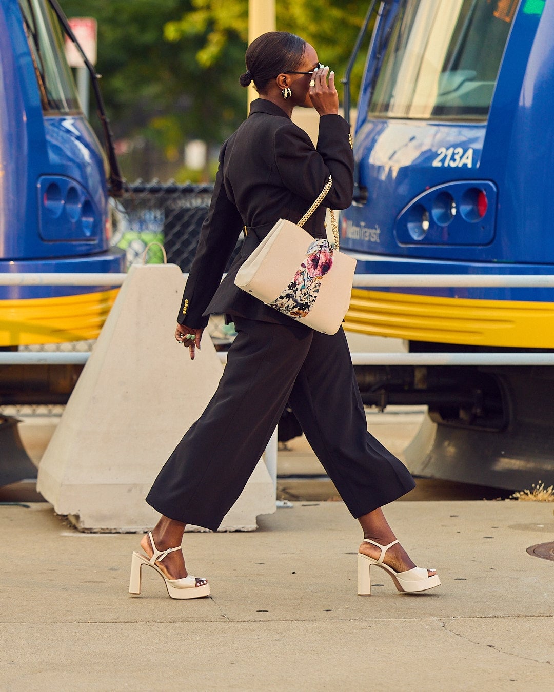 Black Wide Leg Trousers With Black Blazer and Gold Hoop Earrings Black Wide Leg Trousers With Black Blazer and Gold Hoop Earrings — Simple Black Pants Outfits