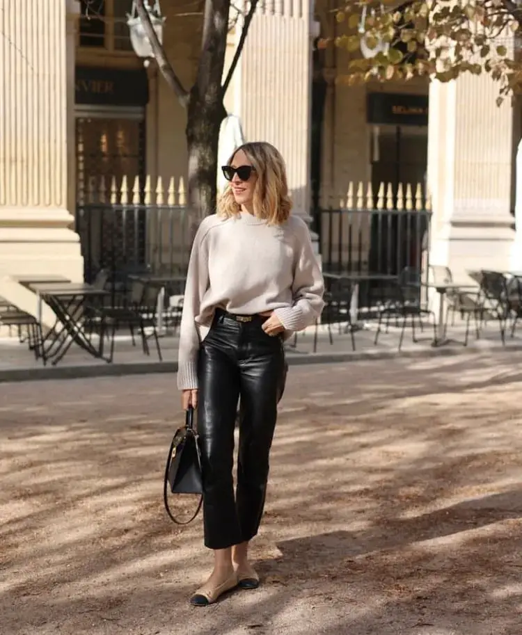 Black Leather Straight Leg Pants With Knit Sweater Black Leather Straight Leg Pants With Knit Sweater — Simple Black Pants Outfits