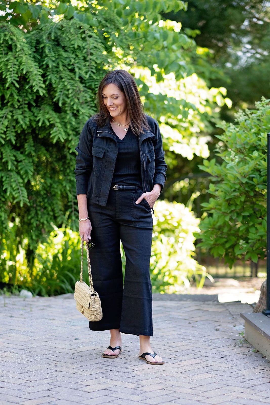 Black Cropped Wide Leg Trousers With V-Neck Top Black Cropped Wide Leg Trousers With V-Neck Top — Simple Black Pants Outfits