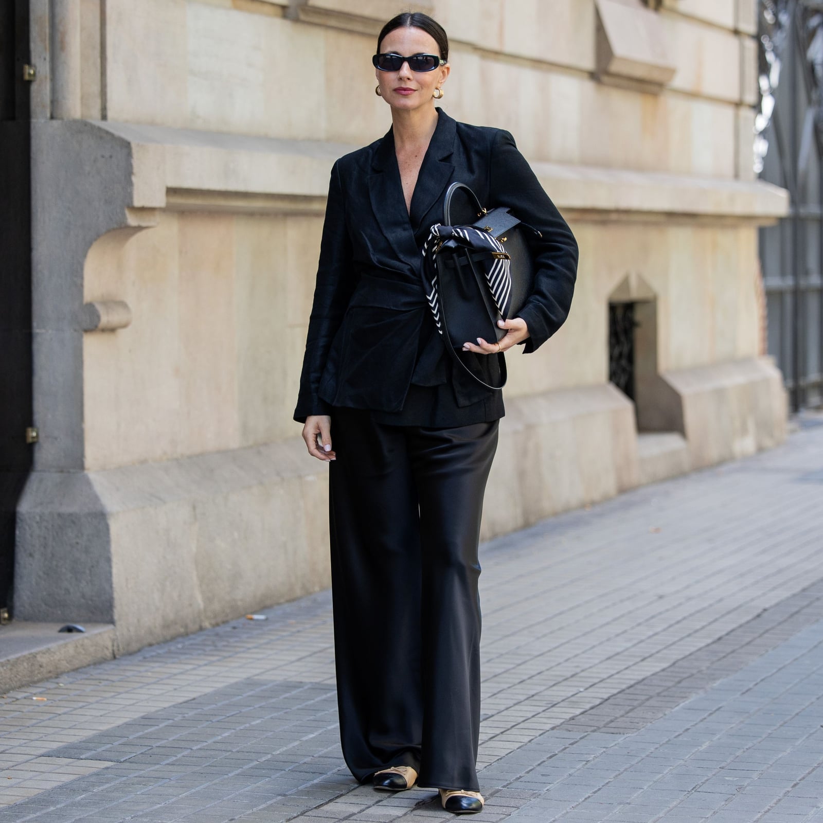 Silk Black Wide Leg Pants With Draped Blazer Silk Black Wide Leg Pants With Draped Blazer — Simple Black Pants Outfits
