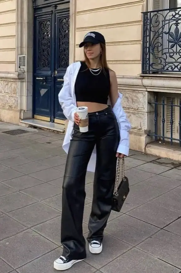 Black Leather Wide Leg Pants With Crop Top, Close-Up Take Black Leather Wide Leg Pants With Crop Top, Close-Up Take — Simple Black Pants Outfits