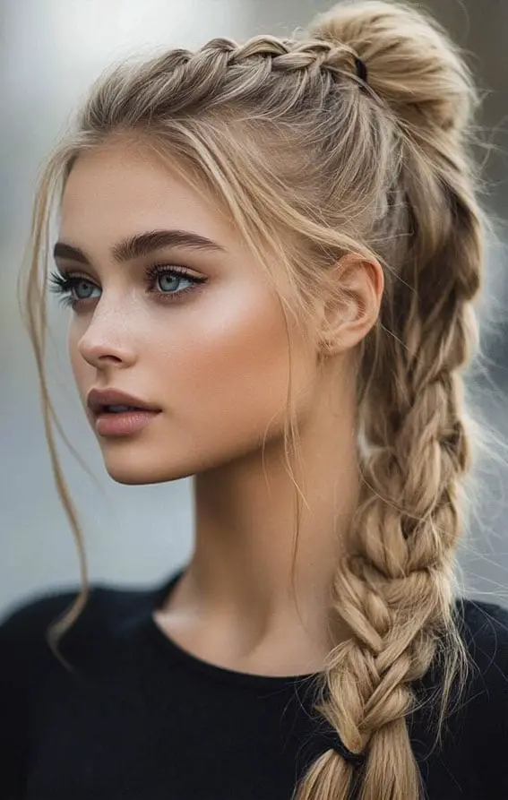Ash Blonde Braided Ponytail With Loose Strands, Mid-Back Ash Blonde Braided Ponytail With Loose Strands, Mid-Back — Simple Blonde Braids