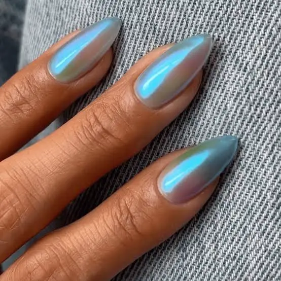 Vibrant Iridescent Light Blue Chrome Almond — Simple Blue Chrome Nails