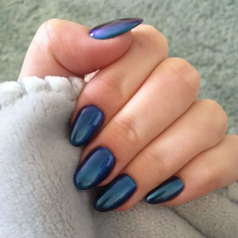 Metallic Blue Chrome Medium Almond Nails — Simple Blue Chrome Nails