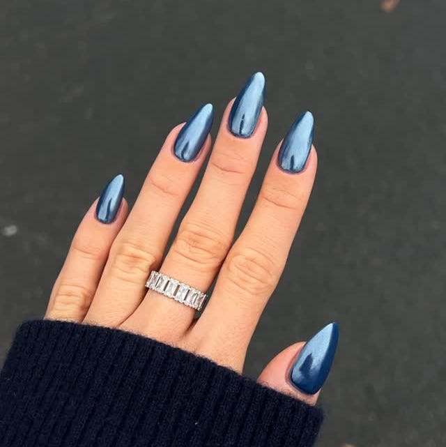 Solid Medium Blue Chrome Long Stiletto — Simple Blue Chrome Nails