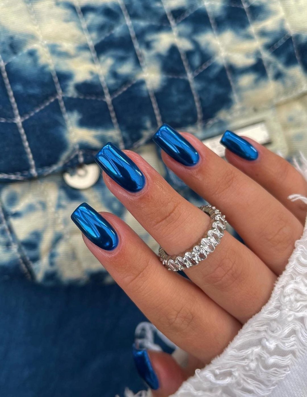 Royal Blue Chrome Medium Square Nails — Simple Blue Chrome Nails