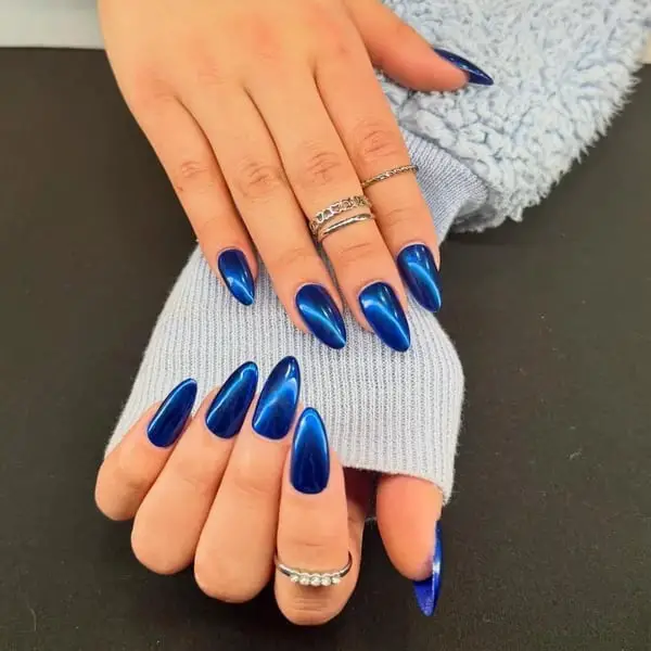 High Shine Medium Blue Chrome Stiletto — Simple Blue Chrome Nails