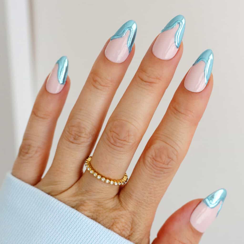 Sheer Pink Base Blue Chrome Wavy Lines — Simple Blue Chrome Nails