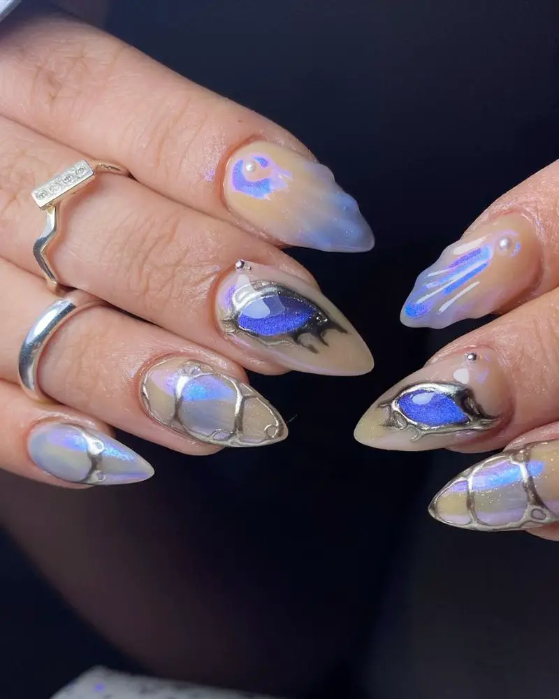 Complex 3D Blue Chrome Art Nails — Simple Blue Chrome Nails