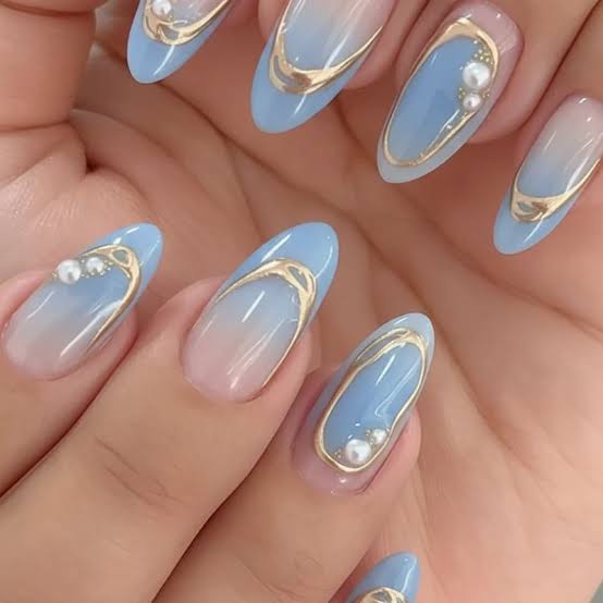 Gold French Tip Pearl Accent Blue Chrome — Simple Blue Chrome Nails
