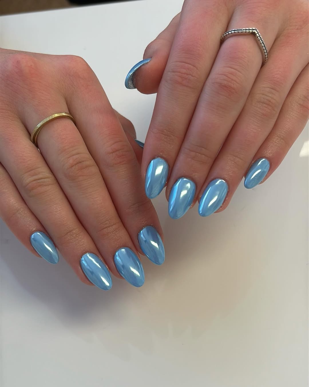 Icy Blue Chrome Medium Almond Nails — Simple Blue Chrome Nails