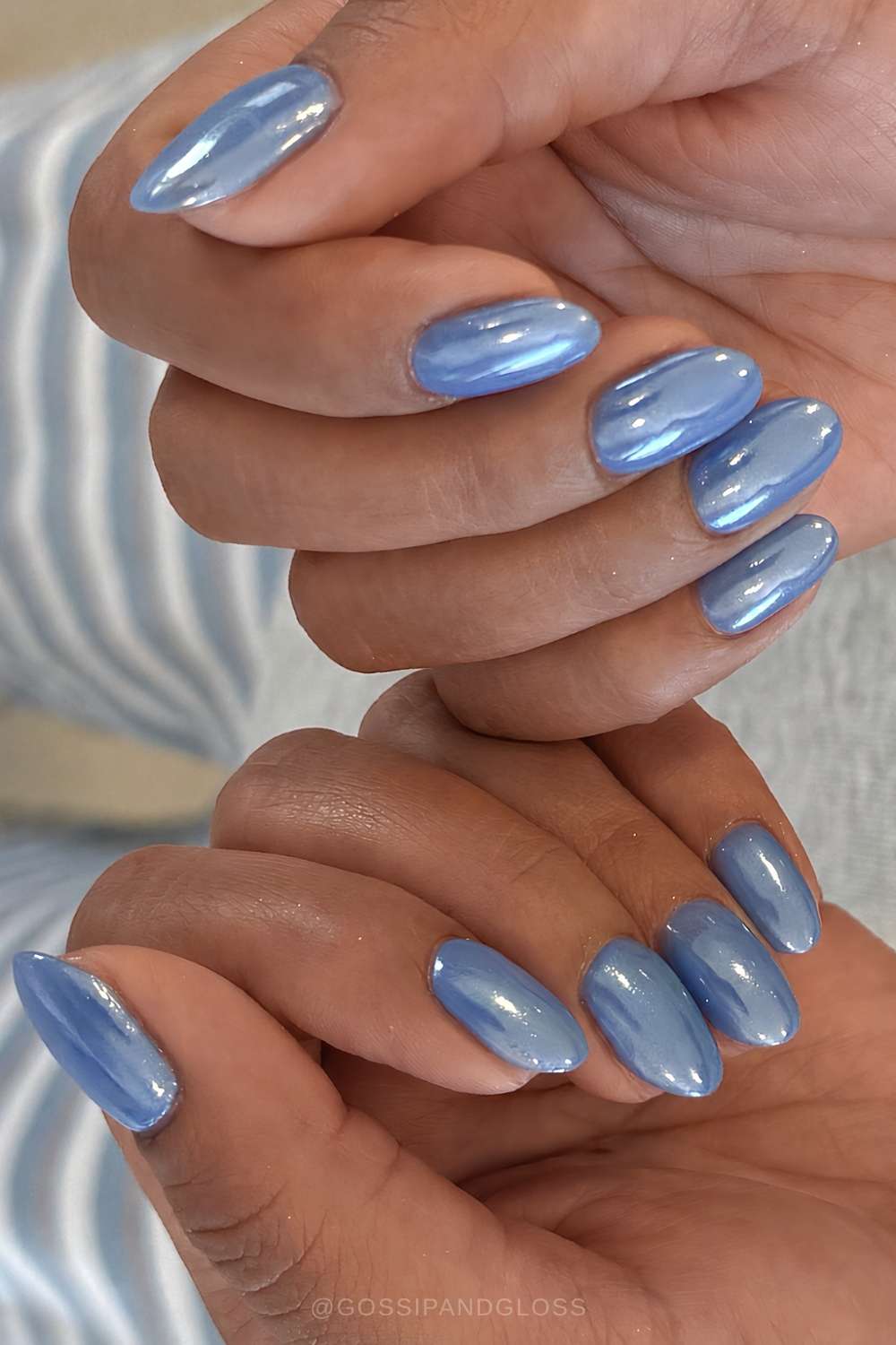 Light Blue Chrome Medium Almond Nails — Simple Blue Chrome Nails