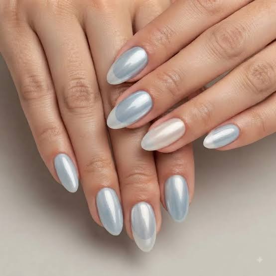Simple Icy Blue Chrome Almond Nails — Simple Blue Chrome Nails
