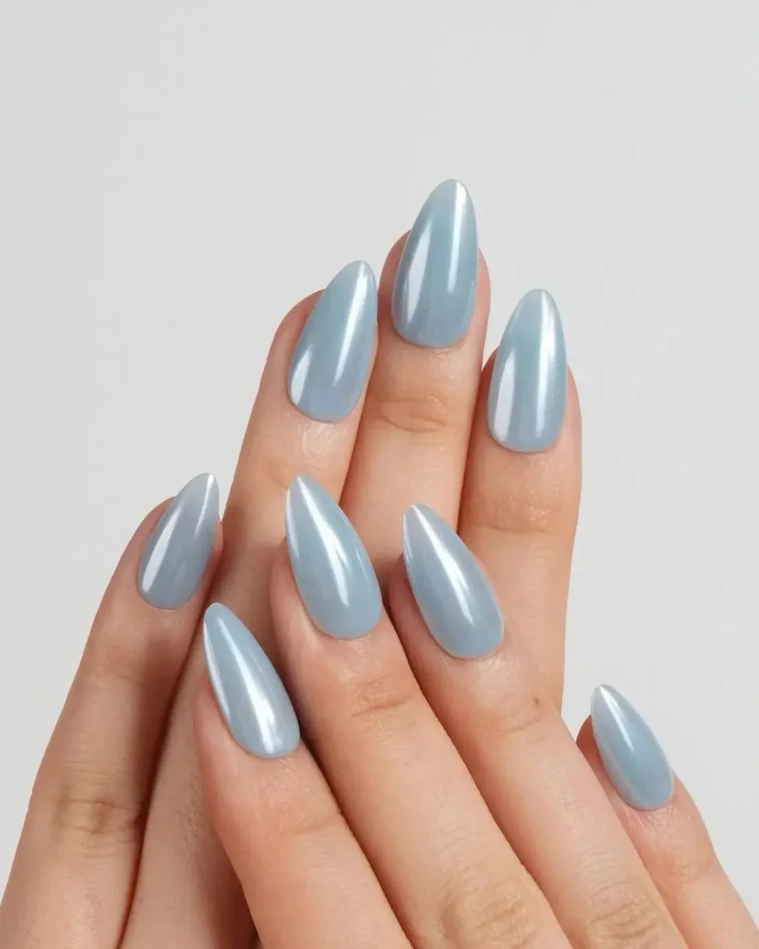 Pearlescent Light Blue Chrome Medium Almond With Full Nail Coverage — Simple Blue Chrome Nails