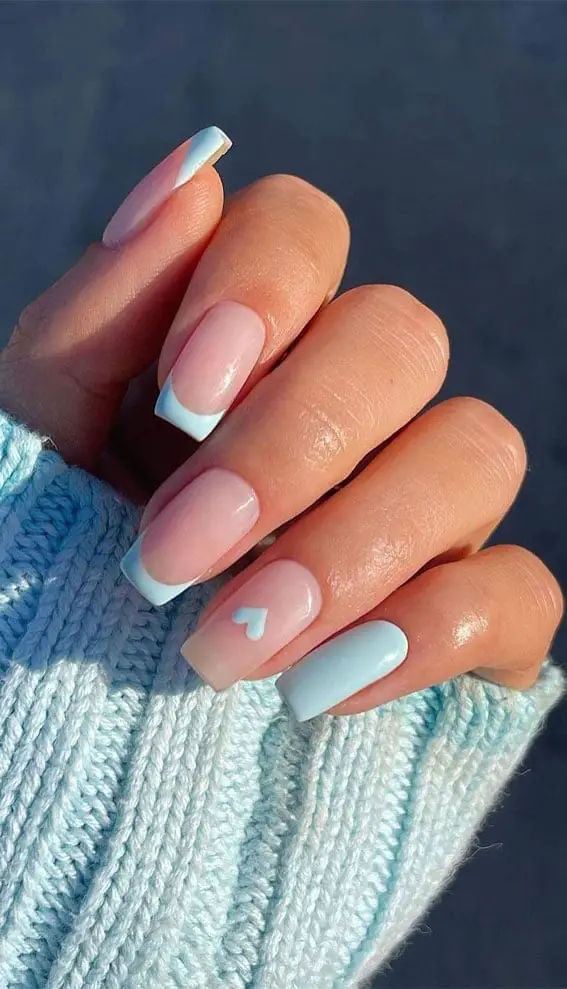 Light Blue French Tip With Heart Accent Light Blue French Tip With Heart Accent — Simple Blue French Tip Nails