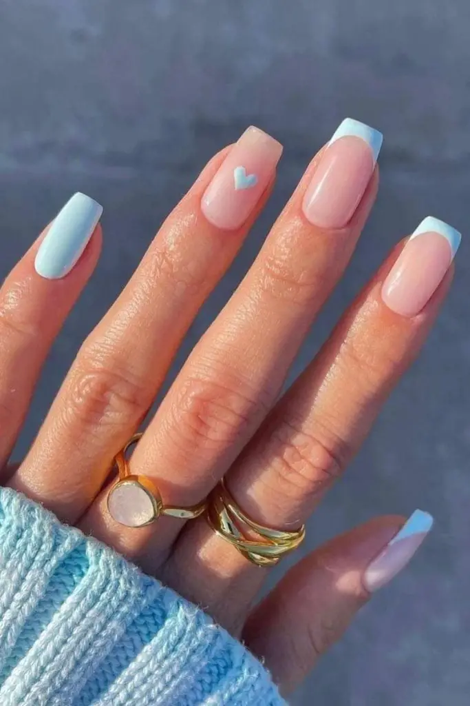 Light Blue Heart Accent Soft Square Nails Light Blue Heart Accent Soft Square Nails — Simple Blue French Tip Nails