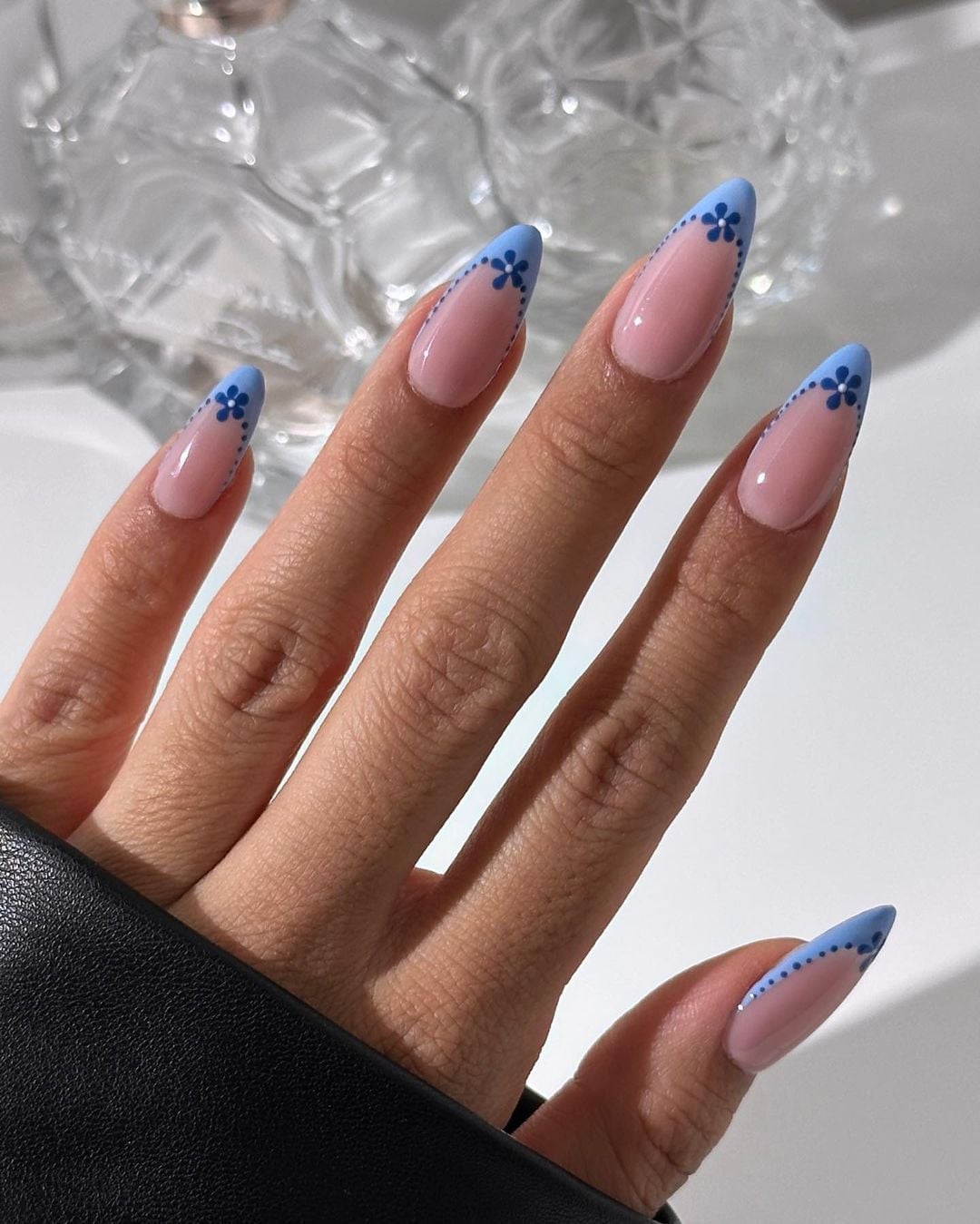 Light Blue Floral Motif French Tip Almond Nails Light Blue Floral Motif French Tip Almond Nails — Simple Blue French Tip Nails