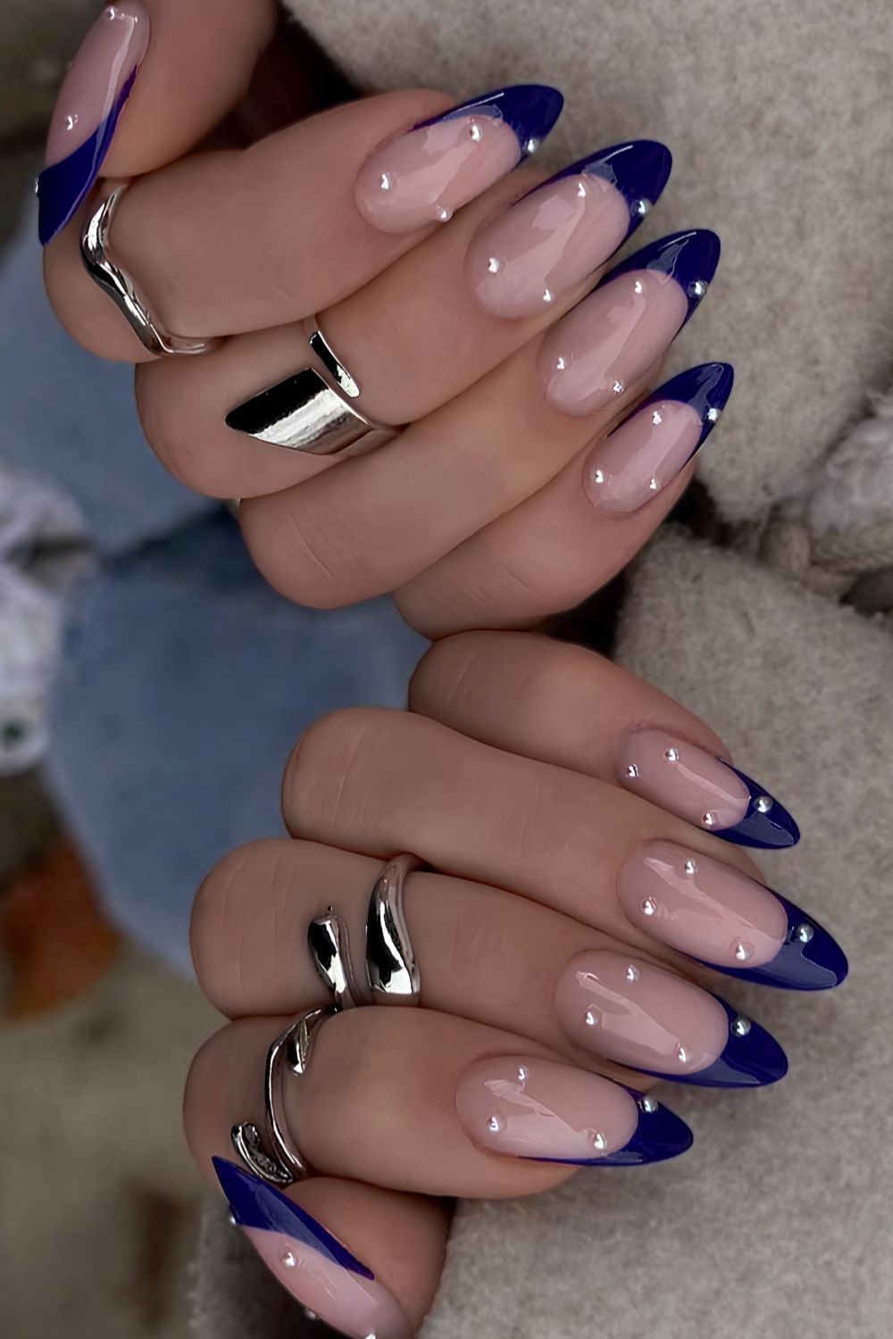 Deep Navy French Tips With Silver Rhinestones Deep Navy French Tips With Silver Rhinestones — Simple Blue French Tip Nails