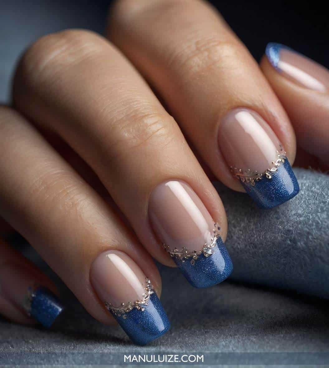 Metallic Blue French Tips With Silver Foil Accents Metallic Blue French Tips With Silver Foil Accents — Simple Blue French Tip Nails