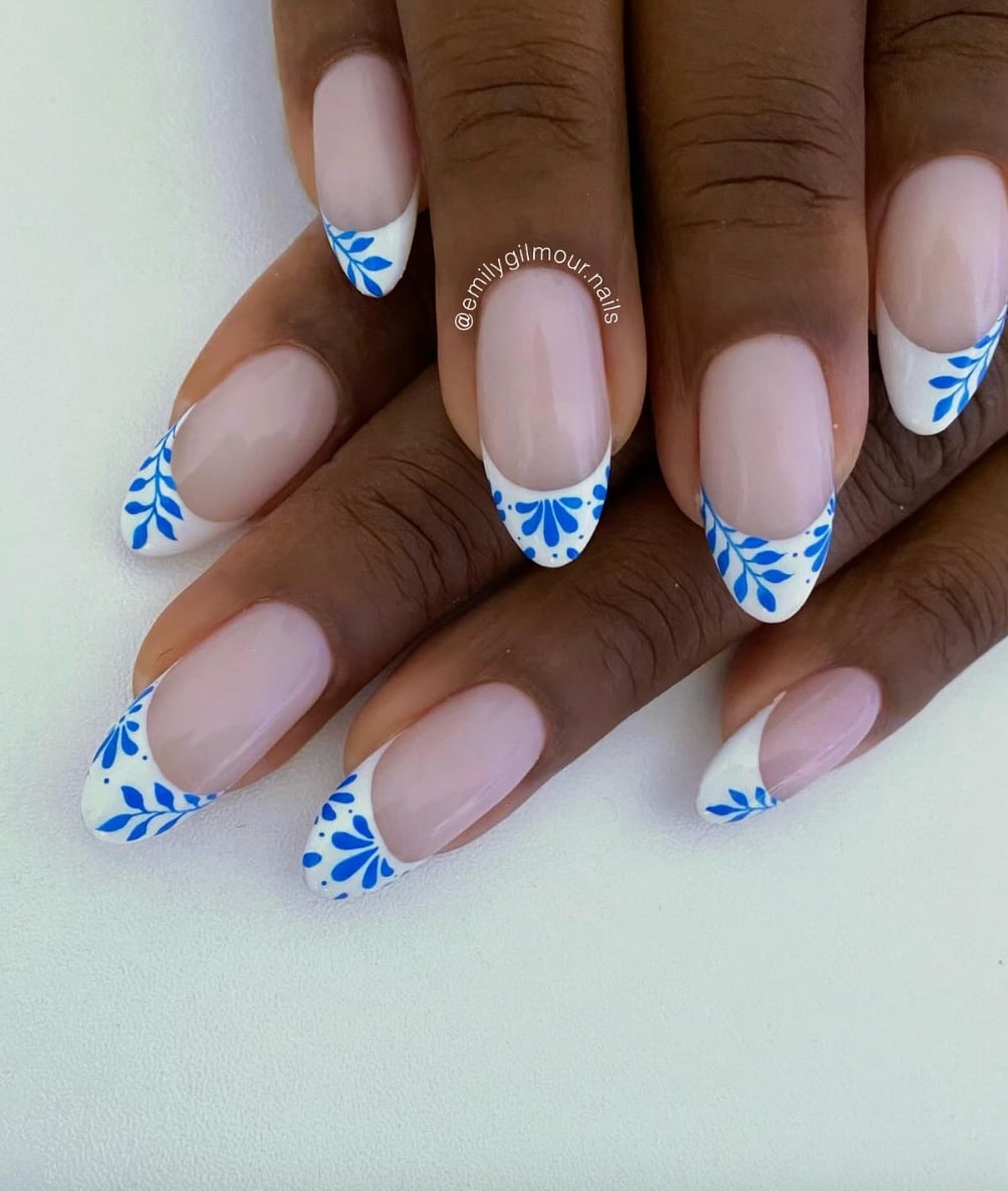 Thin Blue French Tips With Gold Accents Thin Blue French Tips With Gold Accents — Simple Blue French Tip Nails