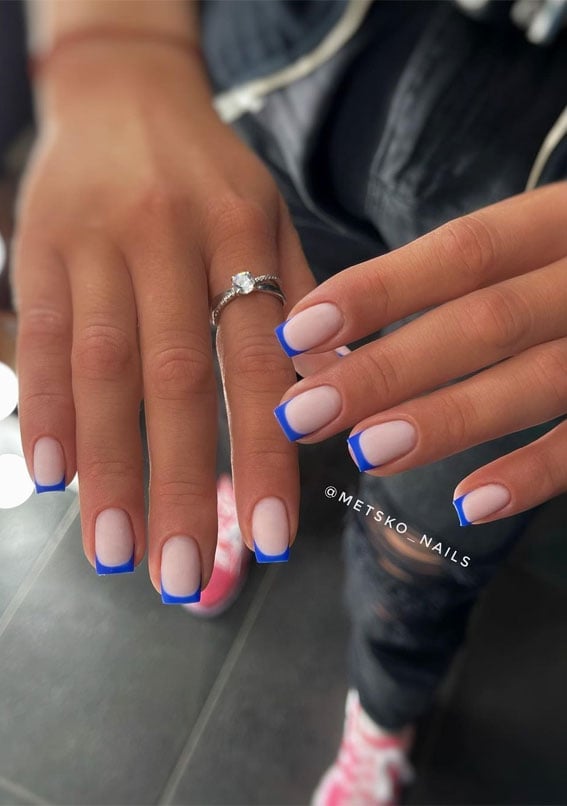 Bright Blue French Tip Soft Square Medium Nails With натуральный нюд Bright Blue French Tip Soft Square Medium Nails With натуральный нюд — Simple Blue French Tip Nails