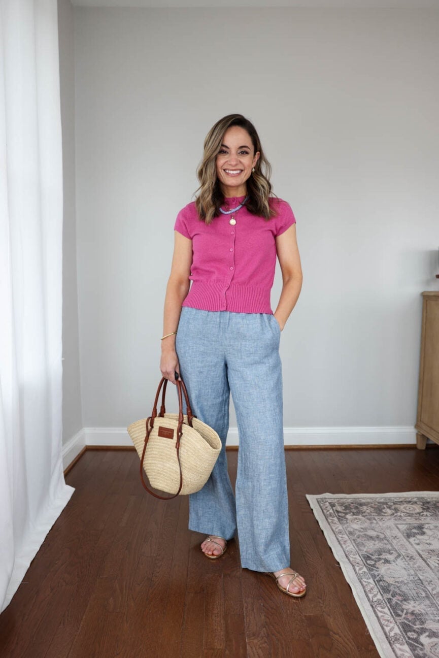 Light Blue Linen Blend Trousers With A Pink Cardigan Light Blue Linen Blend Trousers With A Pink Cardigan — Simple Blue Pants Outfits
