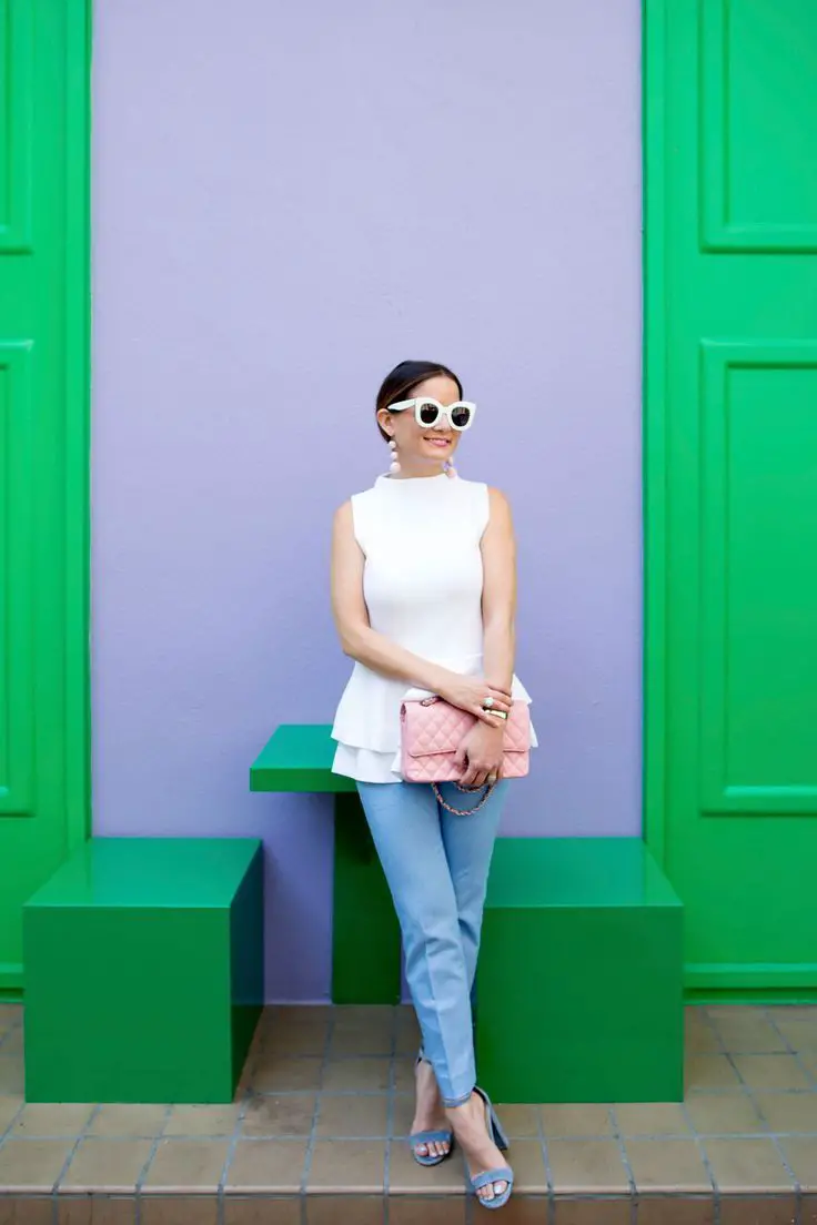 Light Blue Tailored Trousers With A Peplum Top Light Blue Tailored Trousers With A Peplum Top — Simple Blue Pants Outfits