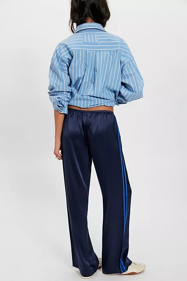 Navy Satin Pants With Light Blue Side Stripes Navy Satin Pants With Light Blue Side Stripes — Simple Blue Pants Outfits