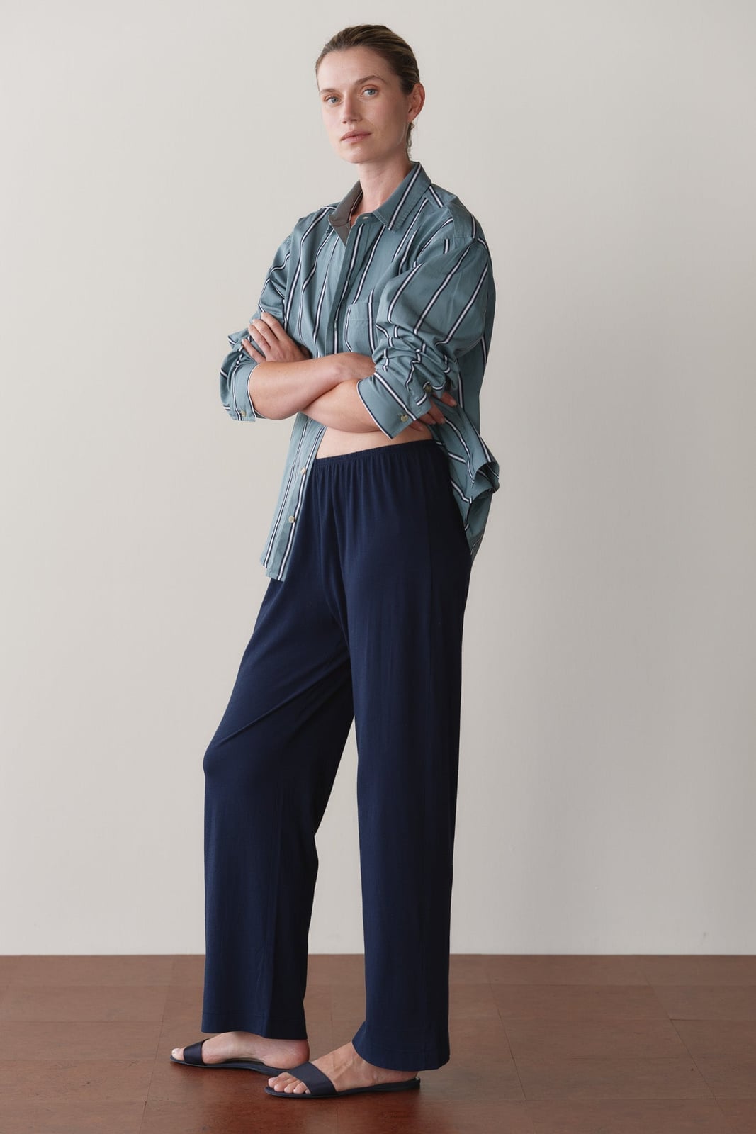 Navy Straight-Leg Trousers With A Striped Shirt Navy Straight-Leg Trousers With A Striped Shirt — Simple Blue Pants Outfits