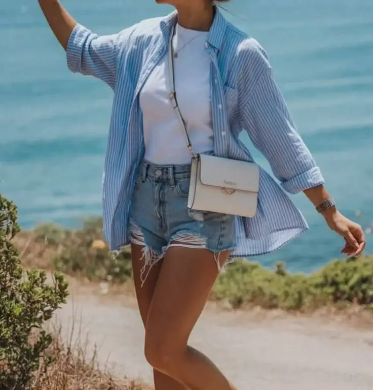 Blue and White Striped Open Shirt with Distressed Denim Shorts Blue and White Striped Open Shirt with Distressed Denim Shorts — Simple Blue Top Outfits