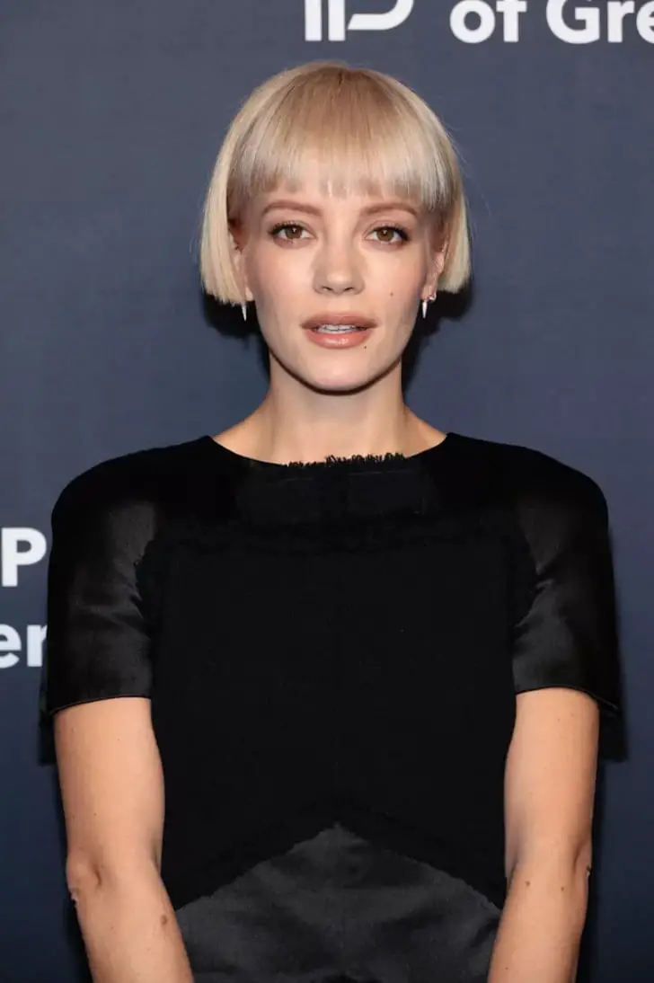 Short Ash Blonde Bob With Blunt Bangs, Ear — Simple Blunt Bob
