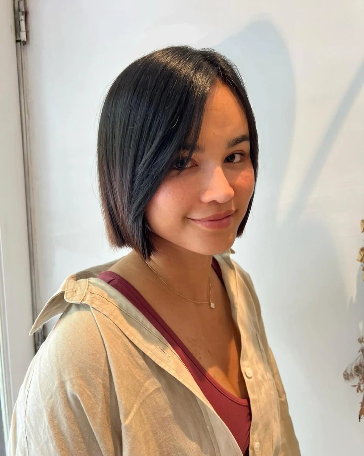 Short Dark Brown Bob Side Swept Bangs, Close-Up Take — Simple Blunt Bob
