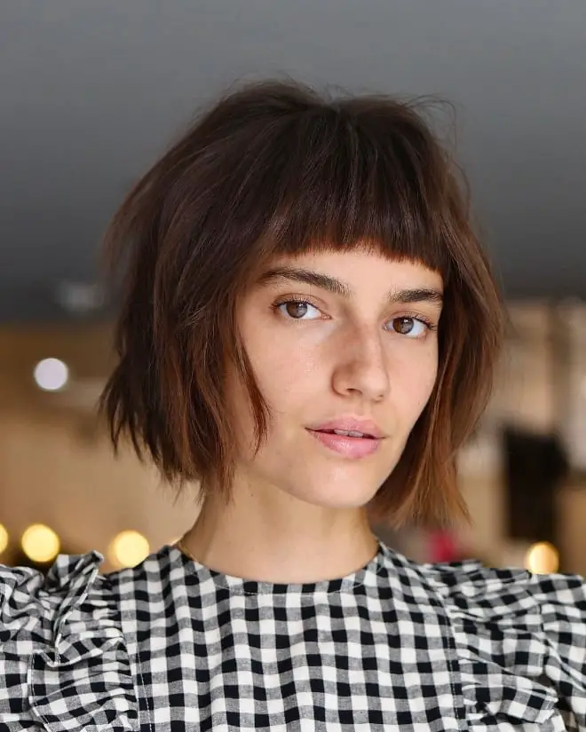 Thick Dark Brown Bob With Blunt Bangs, Chin — Simple Blunt Bob