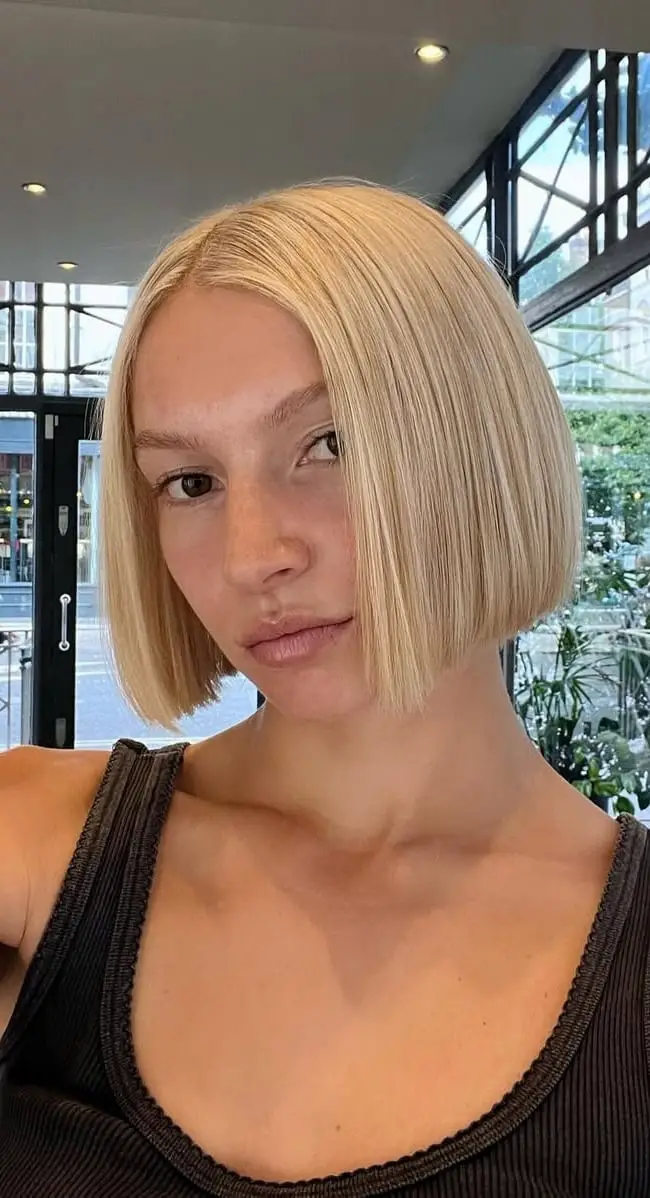 Sleek Platinum Blonde Chin Bob — Simple Blunt Bob