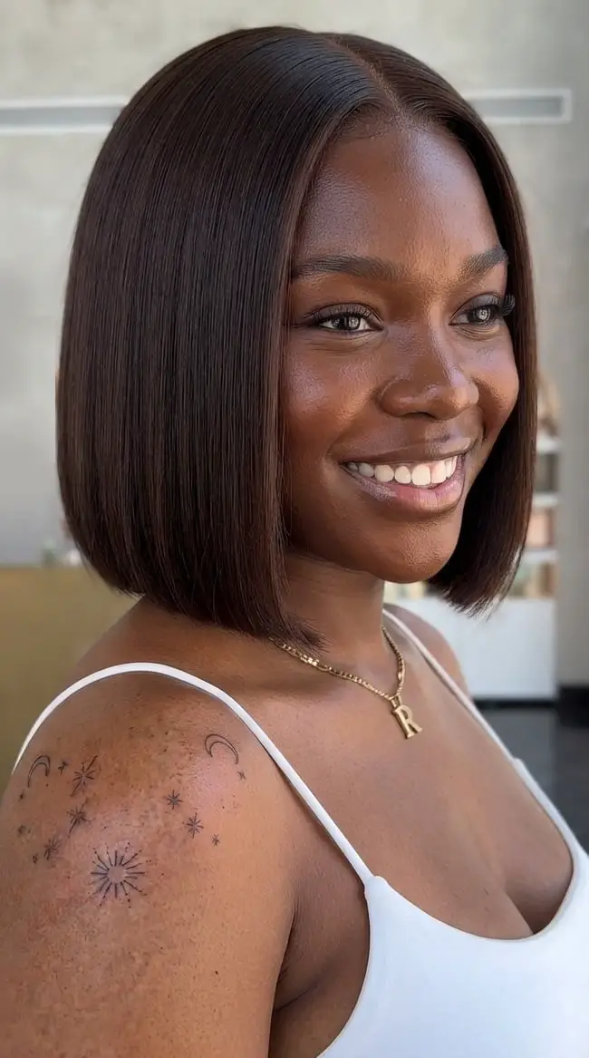 Thick Dark Brown Sleek Bob — Simple Blunt Bob