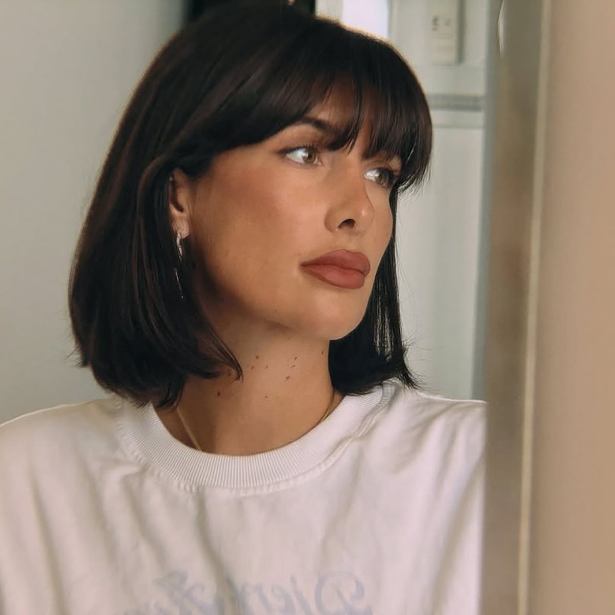 Chin Bob With Full Curtain Bangs — Simple Bob for Fine Hair