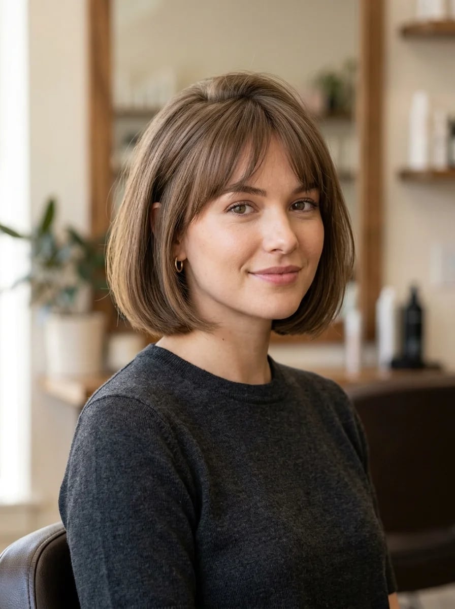 Chin Bob Soft Curtain Bangs Dark Brown — Simple Bob for Fine Hair