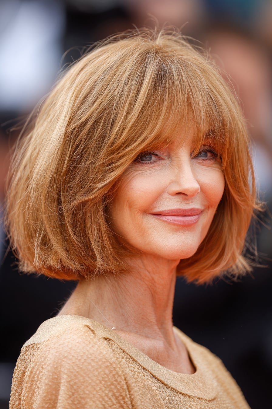 Strawberry Blonde Chin Bob Side Swept Bangs — Simple Bob for Fine Hair