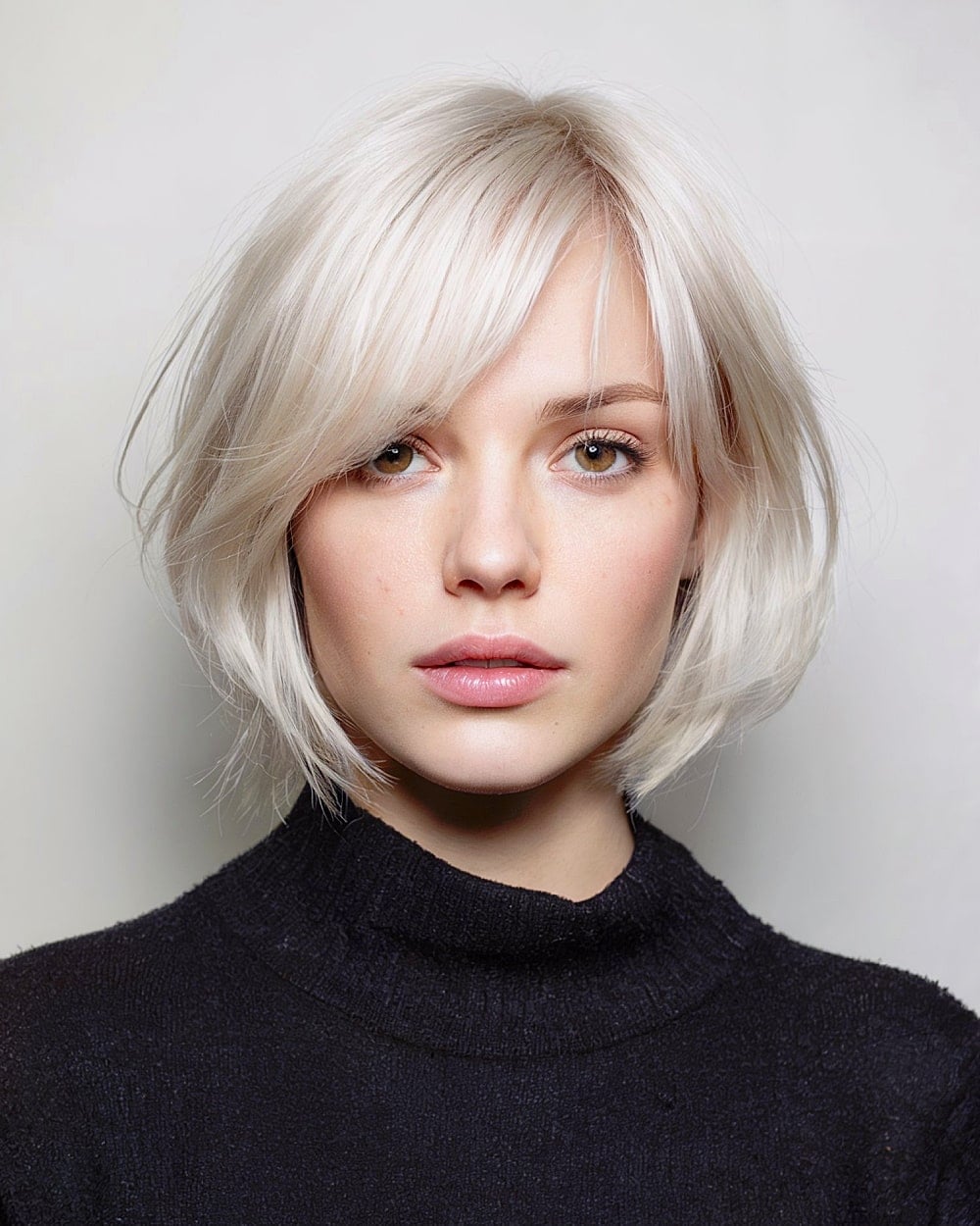 Platinum Blonde Blunt Bob Side Swept Bangs — Simple Bob for Fine Hair