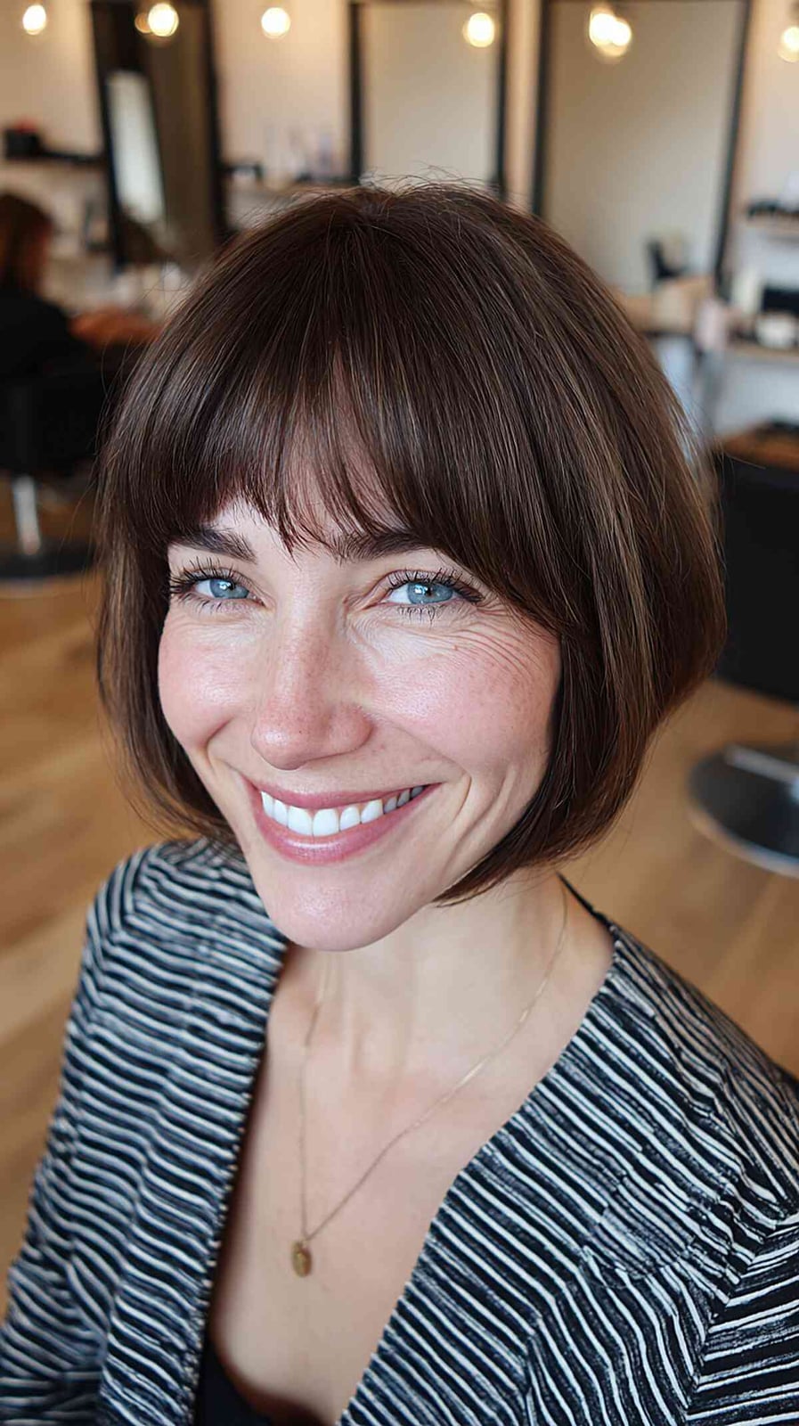 Chin Length Bob With Blunt Bangs Dark Brown Chin Length Bob With Blunt Bangs Dark Brown — Simple Bob Haircuts