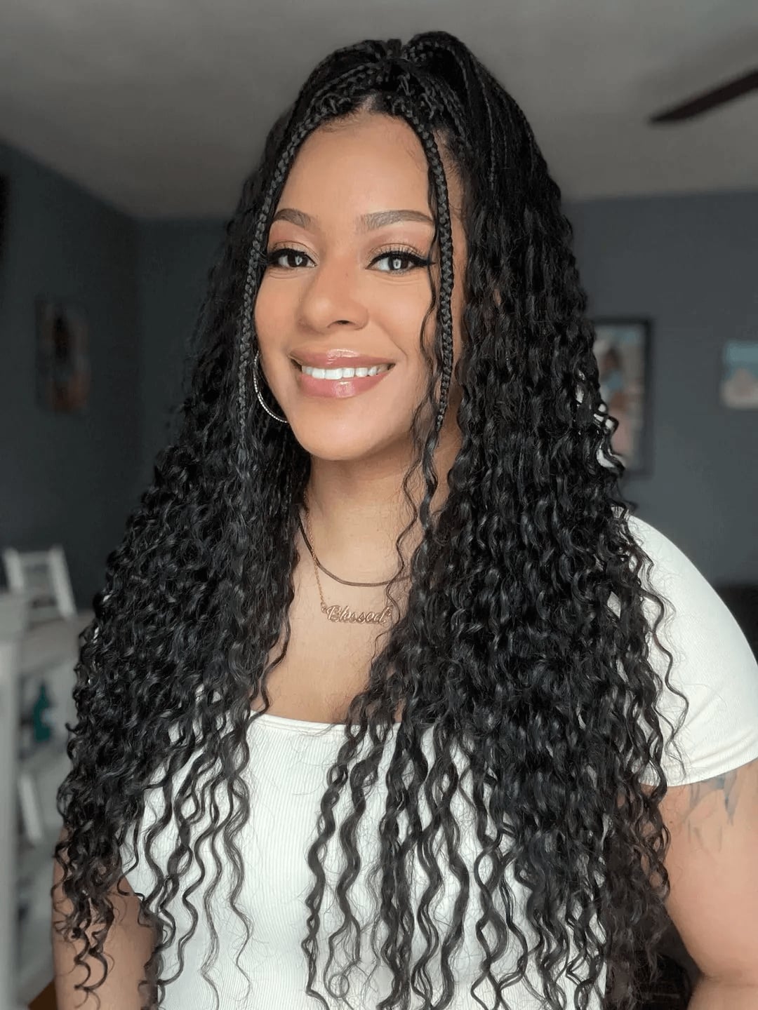 Long Dark Brown Box Braids With Loose Curly Ends Long Dark Brown Box Braids With Loose Curly Ends — Simple Boho Braids